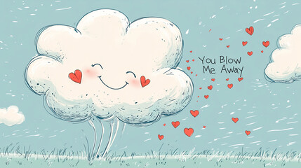 Funny Valentine's card illustration featuring a smiling cloud with hearts and the pun "You Blow Me Away"