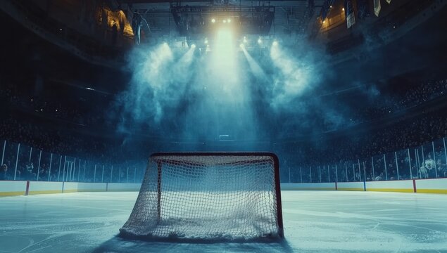 A hockey goalie is standing in front of a net