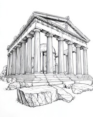 A Detailed Line Drawing Of An Ancient Greek Temple