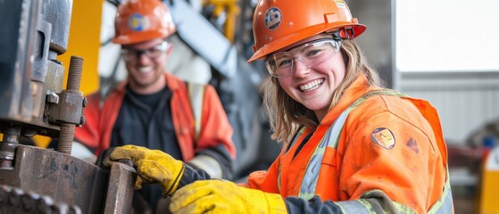 Construction workers operating machinery in industrial site wearing helmets and safety gear. Team collaboration and skill development in heavy equipment maintenance.