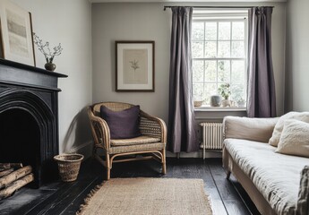 A living room with a fireplace, a chair, a couch, and a window