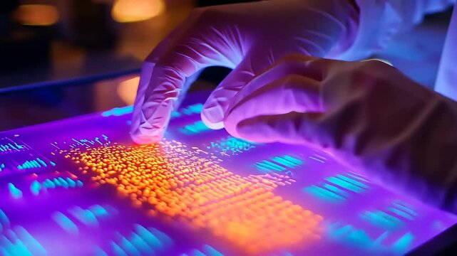 Scientist analyzing colorful gel electrophoresis results in a laboratory setting with glowing lights