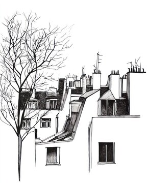 Parisian rooftops and a barren winter tree