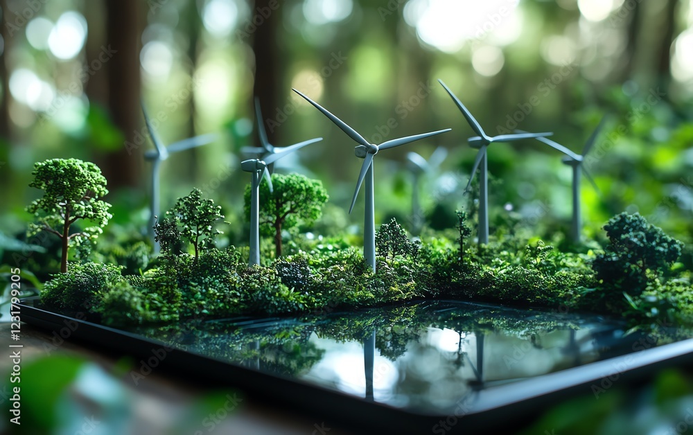 Poster miniature wind turbines on a digital tablet, symbolizing the integration of corporate responsibility