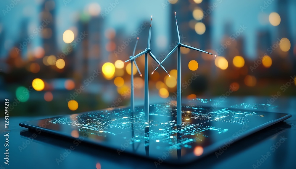 Aufkleber miniature wind turbines on a digital tablet, symbolizing the integration of corporate responsibility