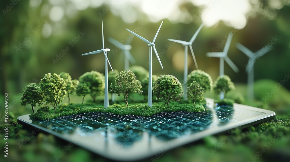 Aufkleber Miniature wind turbines on a tablet, symbolizing ESG reporting and corporate responsibility with a focus on sustainable business practices and environmental impact