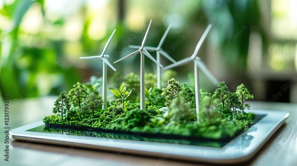 Poster Miniature wind turbines on a tablet, symbolizing ESG reporting and corporate responsibility with a focus on sustainable business practices and environmental impact