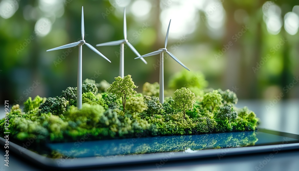 Aufkleber miniature wind turbines on a digital tablet, symbolizing the integration of corporate responsibility