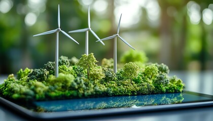 Miniature wind turbines on a digital tablet, symbolizing the integration of corporate responsibility, ESG reporting, and sustainable energy practices in business