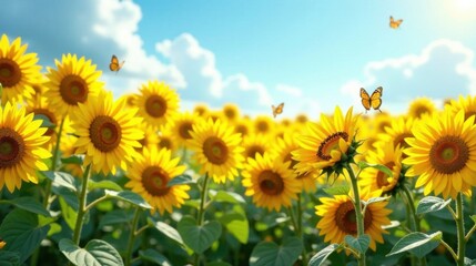 Fototapeta premium Sunlit Field of Golden Sunflowers with Graceful Butterflies Dancing on a Gentle Breeze