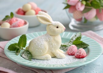 Cute Easter rabbit shaped sweet cake decorated with sugar strawberries and fresh pepper mint leaves, festive Easter bunny Marshmallow dessert, AI generated picture