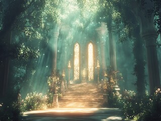 A sacred temple surrounded by divine light and a mystical forest creating an ethereal atmosphere of spiritual enlightenment upscaled