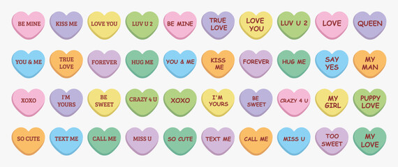 Sweet heart candy. Conversation sweets. Set of colorful сonversation hearts with different saying for Valentine's Day. Sweetheart candies. Sweet heart candy isolated on white background	
