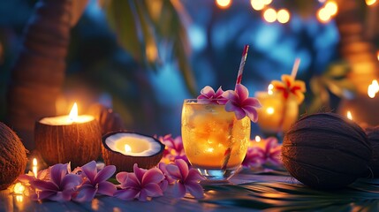 A tropical-themed party with coconut drinks, floral leis, and tiki torches lighting up the night.