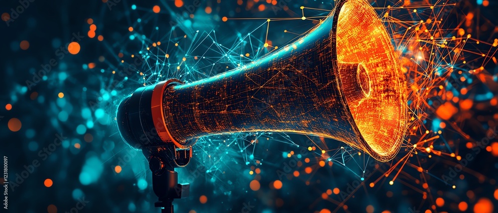 Poster a megaphone amplifying digital signals, symbolizing global communication reach with digital connecti