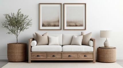 A modern living room featuring a cozy sofa, decorative cushions, minimalist artwork, and natural decor elements for a serene atmosphere.