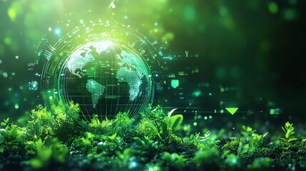 A futuristic digital image of ESG with data analytics and nature components, symbolizing ethical, responsible reporting and green business practices