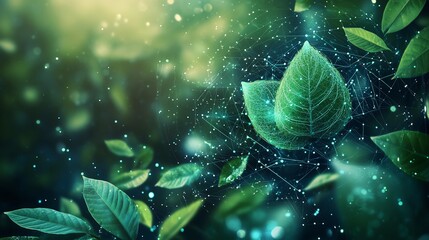 A futuristic digital image of ESG with data analytics and nature components, symbolizing ethical, responsible reporting and green business practices