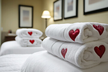 Neatly folded white towels with red heart embroidery in a cozy room setting, warm tones, and soft lighting, symbolizing relaxation. Concept of Valentines Day, romantic, holiday, love