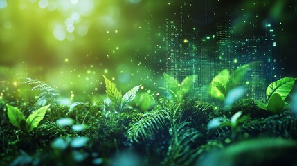 A futuristic digital image of ESG with data analytics and nature components, symbolizing ethical, responsible reporting and green business practices