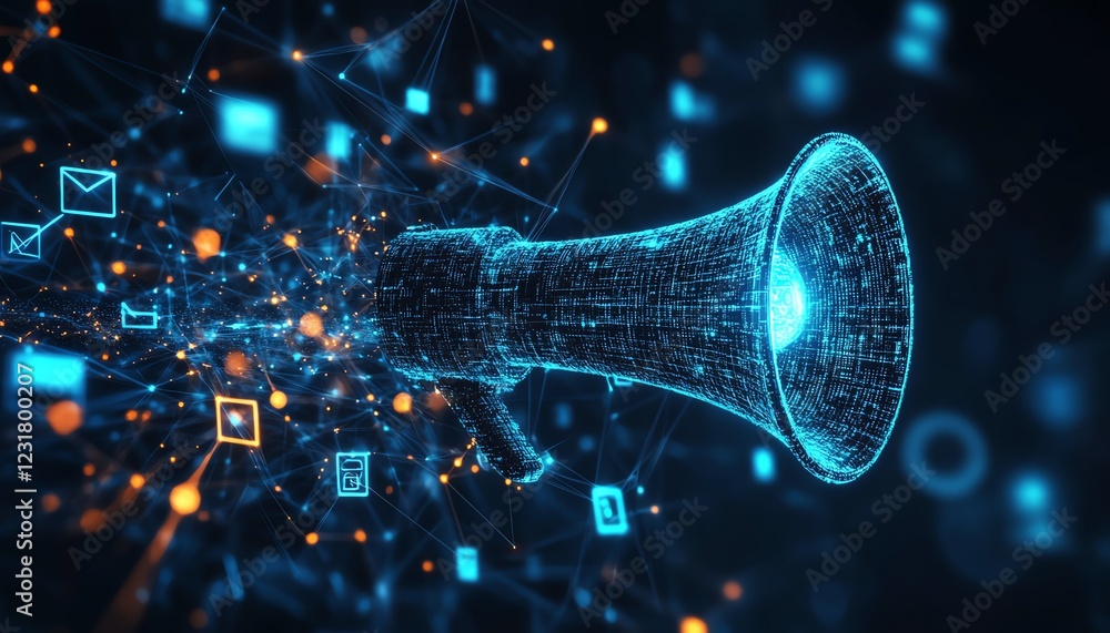 Poster a megaphone emitting digital waves, symbolizing global communication reach, with dynamic data flows 