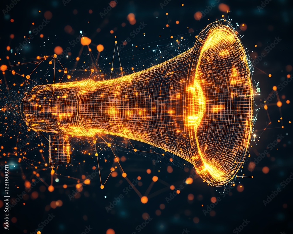 Poster a megaphone amplifying digital messages, symbolizing global communication reach with dynamic, interc