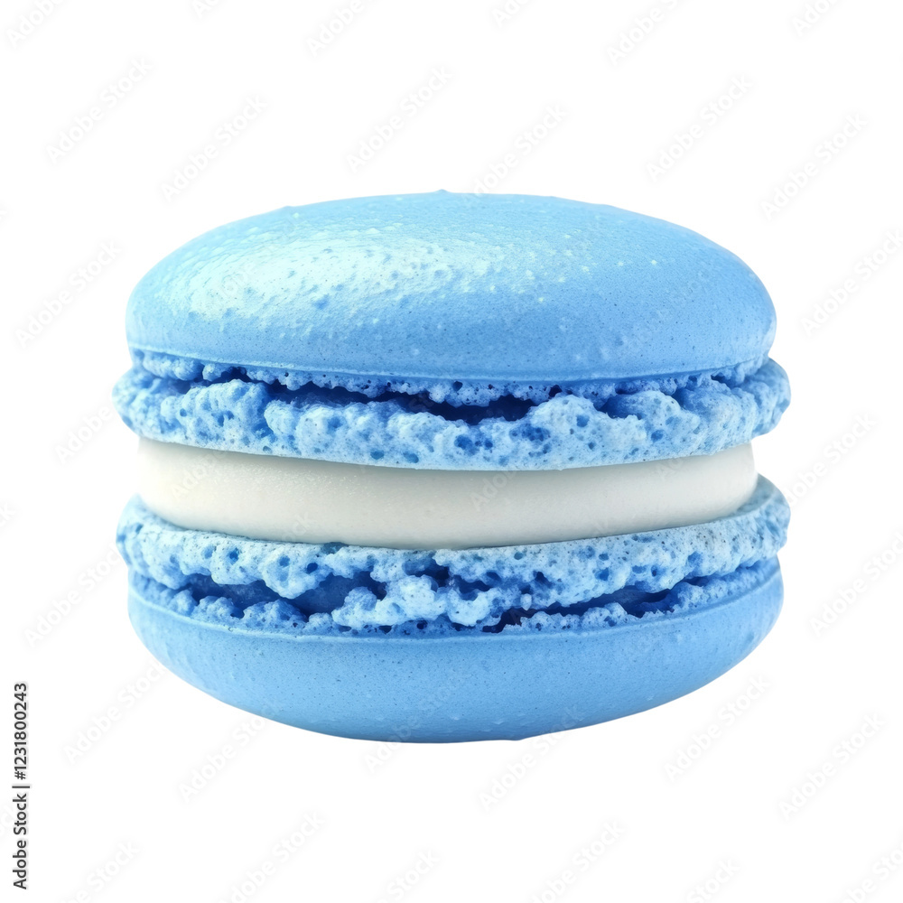 Poster a close up image showcases a single light blue macaron with a white filling against a black backgrou