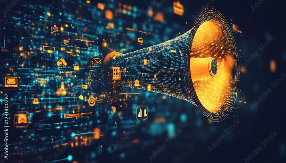Poster a megaphone emitting digital waves, symbolizing global communication reach, with dynamic data flows 