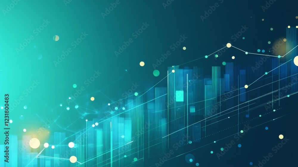Poster abstract teal and blue data visualization with rising graph