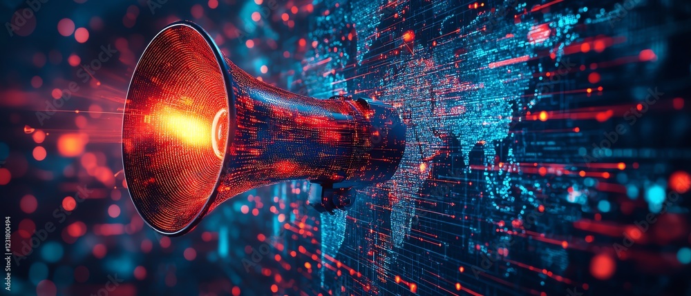 Poster a megaphone projecting digital signals, symbolizing worldwide communication reach, with global map l