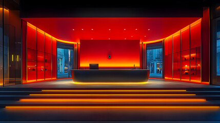 Obraz premium Photo: Modern Red and Orange Lit Interior Design with Reception Desk and Steps