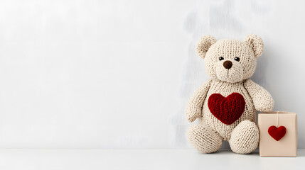 Teddy bear offering a gift with a heart, isolate don background with copy space for text. Happy Valentine's Day