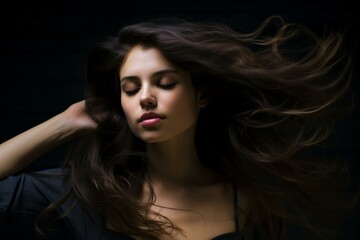 Fototapeta premium Studio portrait of attractive young woman with long brown hair flowing in wind against dark background