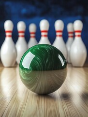 The bowling ball is green and white, and it is the only object in the foreground