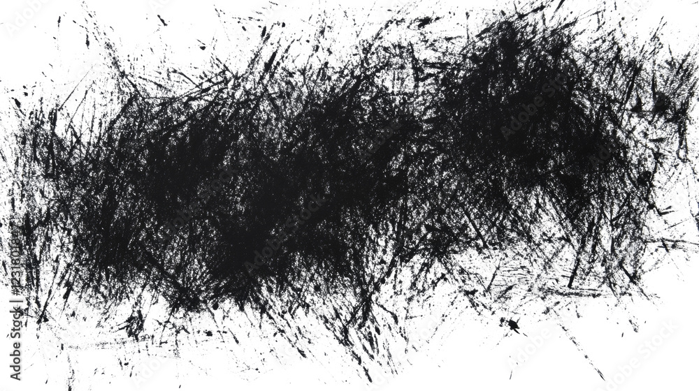 Poster a black and white abstract charcoal drawing showing a chaotic and expressive texture with a central 