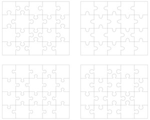Illustration of four white puzzles, separate parts	