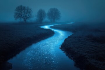 A glowing river winding through a dark, mysterious landscape, illuminated by ambient, ethereal light.
