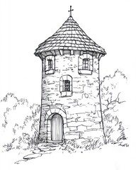 Fototapeta premium Stone Tower Drawing with Cross Top and Lush Foliage