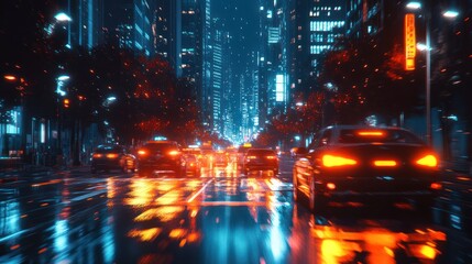 Obraz premium Night city traffic, rain, neon lights, driving, cityscape, advertisement