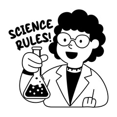 A glyph sticker of a lab student holding a flask with science rules typography 