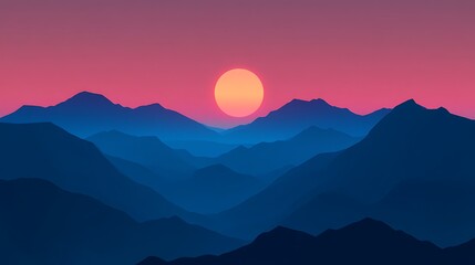 A bright moon peeking through the silhouette of a mountain range at twilight.