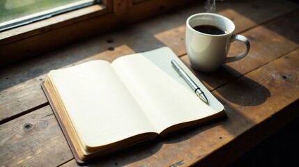A sunlit workspace featuring an open notebook, a pen, and a steaming cup of coffee on a rustic wooden surface