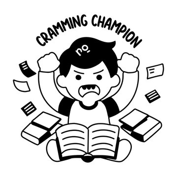 A glyph sticker of an intensive student with cramming champion typography 