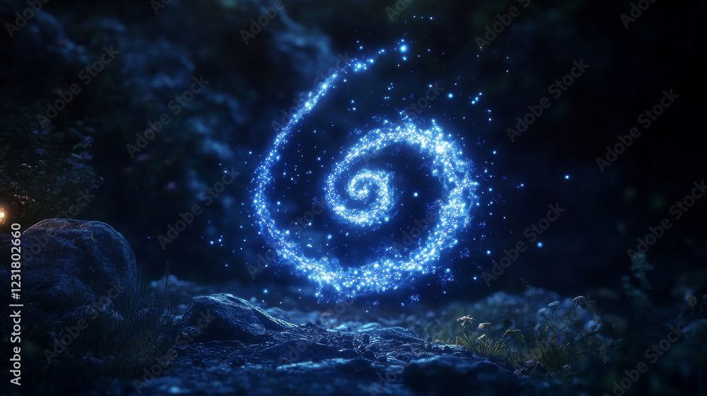 Poster magical blue glowing spirals of enchanted wand traces. luminous swirls with sparkles and mystical ef