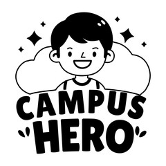 A glyph sticker of a smiling student with campus hero typography 