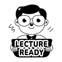 A glyph sticker of a student wearing glasses with lecture ready typography 