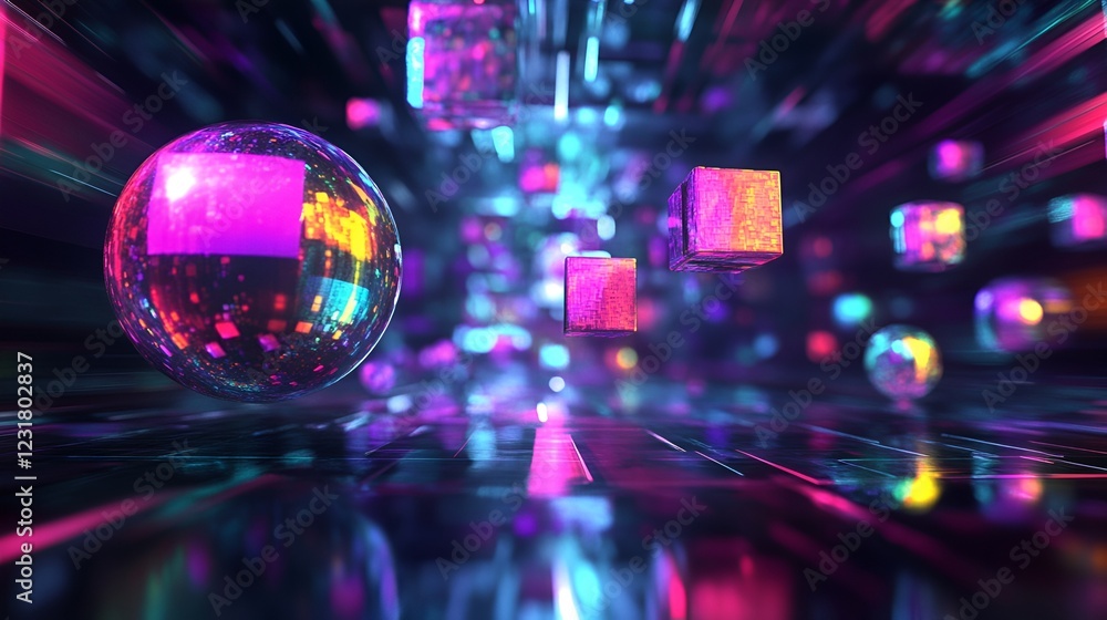 Wall mural surreal abstract spheres and cubes with vibrant reflections floating in a digital space