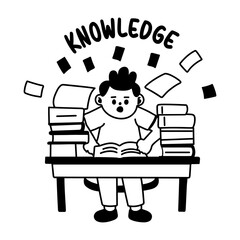A glyph sticker of a student reading books with knowledge typography 