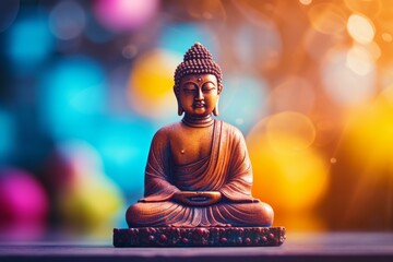 Small buddha statue meditating with colorful bokeh background representing spirituality, peace and mindfulness