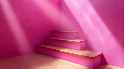 Obraz premium 3D Illustration Pink Room Wooden Steps Light Beams Interior Design Background